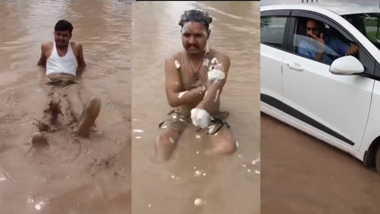 गड्ढे में बैठकर नहाया युवक, बदहाल सड़क की खोली पोल; जिम्मेदारों को जगाने का अनोखा प्रदर्शन...